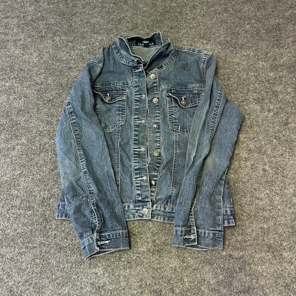 Jeanbay Denim Jacket Womens Size L Blue Fleur De Lis Rhinestone Button Up Casual